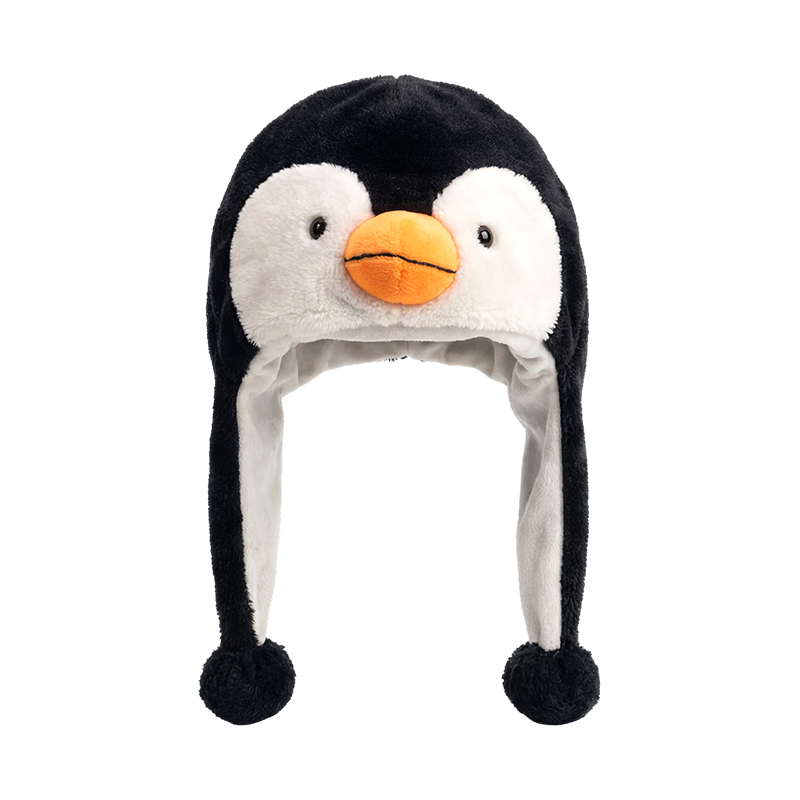 Gorro de peluche de pingüino en blanco y negro