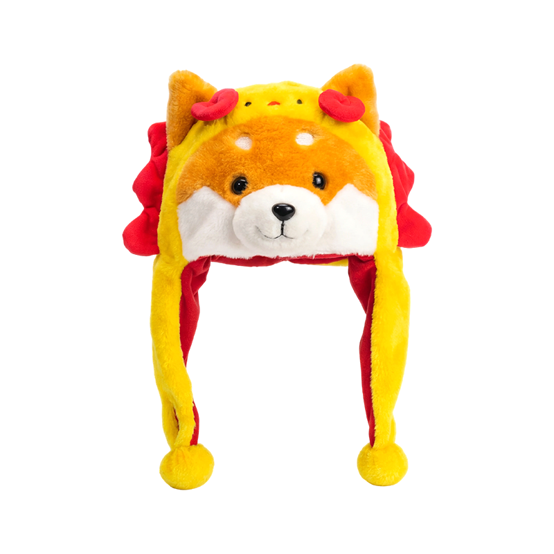 Shiba amarillo con sombrero de peluche de melena roja