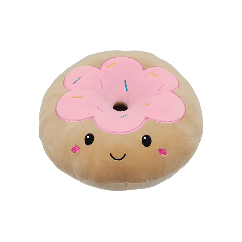Linda almohada de felpa rellena de donut rosa sonriente, cojín de donut de dibujos animados suave y esponjoso para decoración del hogar, regalo para niños y mercancía promocional